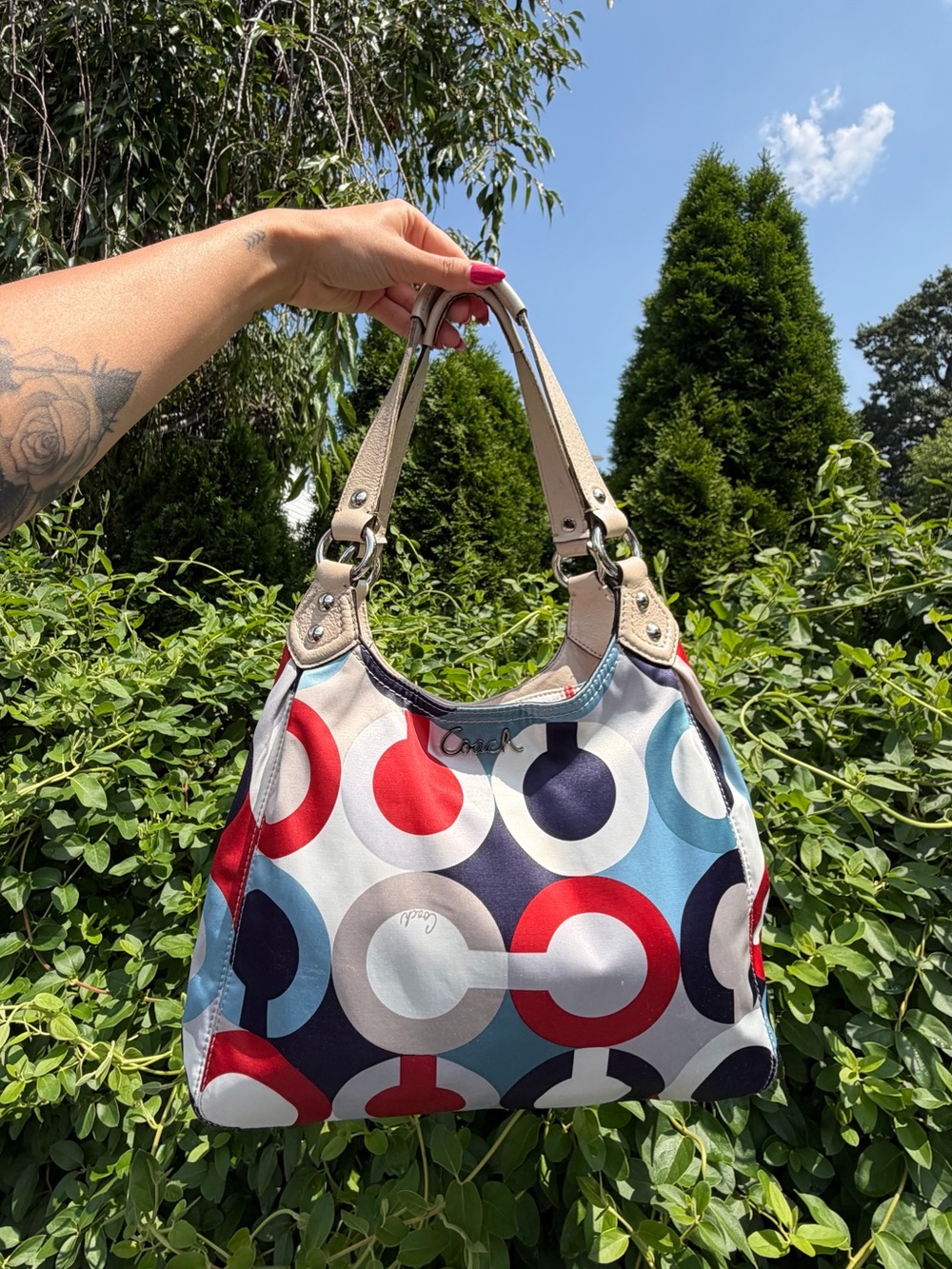 Coach Signature Op Art Hobo Shoulder Bag Multicolor Canvas Leather Trim